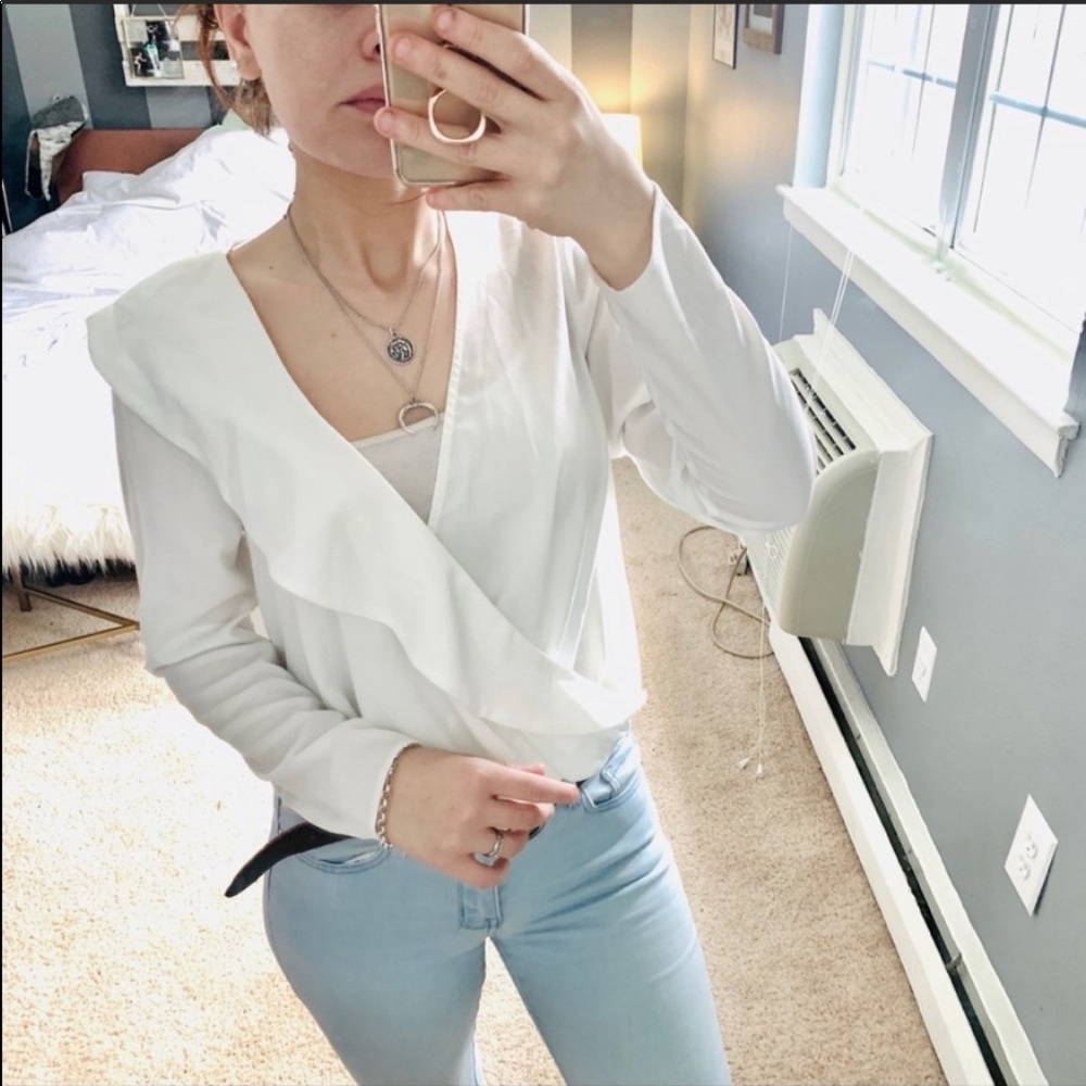 NWT ASOS white deep v faux wrap ruffle top